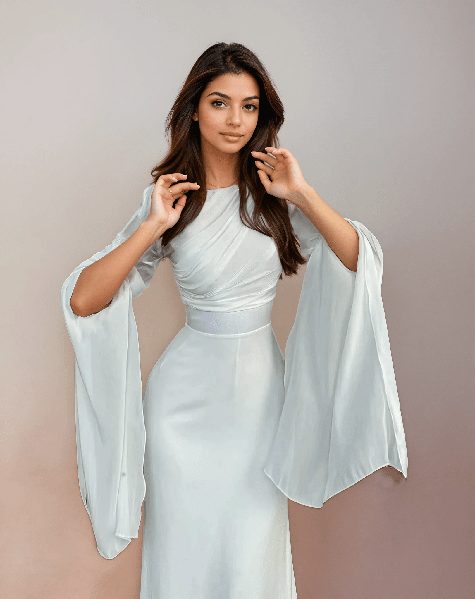 Isabela | Vestido Longo de Cetim Modesto com Mangas Abertas - Ines Braga