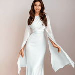 Isabela | Vestido Longo de Cetim Modesto com Mangas Abertas - Ines Braga