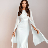 Isabela | Vestido Longo de Cetim Modesto com Mangas Abertas - Ines Braga