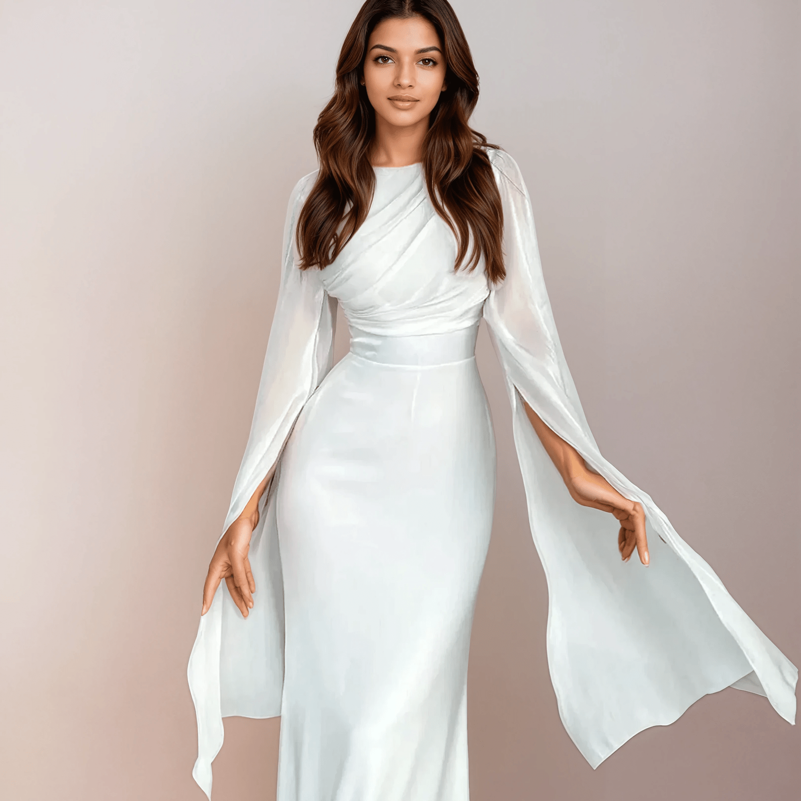 Isabela | Vestido Longo de Cetim Modesto com Mangas Abertas - Ines Braga