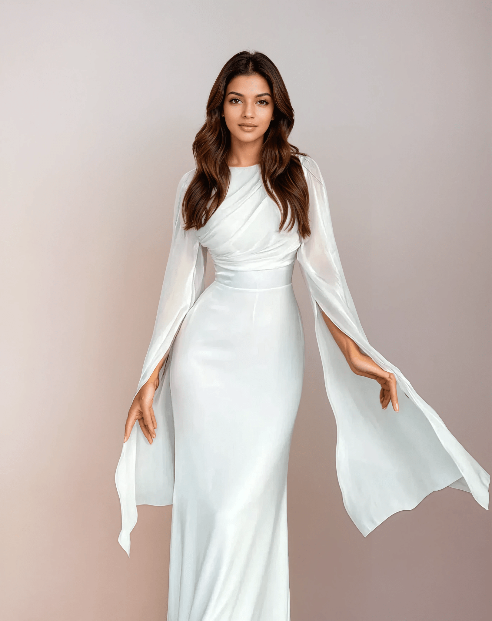 Isabela | Vestido Longo de Cetim Modesto com Mangas Abertas - Ines Braga