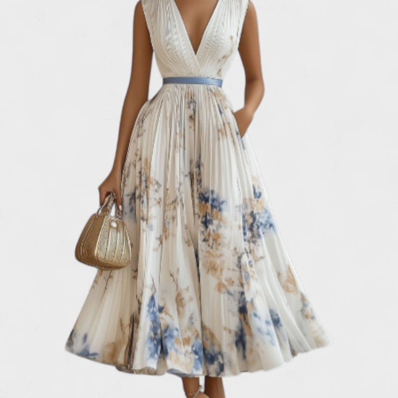 Jessie | Vestido Elegante de Cerimónia Floral em Azul e Branco - Ines Braga