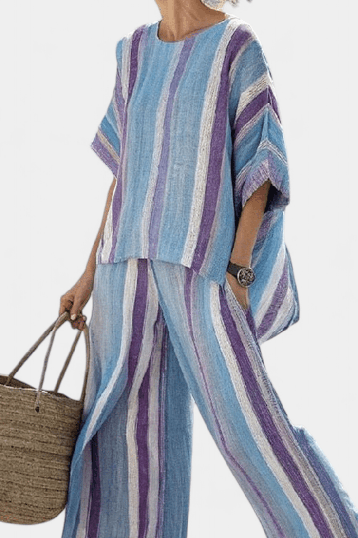 Laura | Conjunto Listras Daisy Malva Azul Claro Elegante - Ines Braga