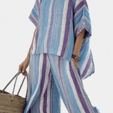 Laura | Conjunto Listras Daisy Malva Azul Claro Elegante - Ines Braga