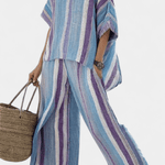 Laura | Conjunto Listras Daisy Malva Azul Claro Elegante - Ines Braga