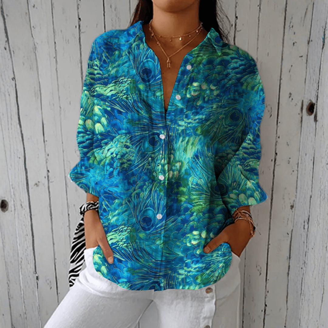 Leila | Blusa com Estampa de Penas Pavão Turquesa - Ines Braga