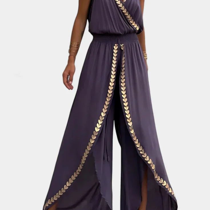 Lorena | Vestido Mono com Detalhes Dourados e Fenda na Perna - Ines Braga