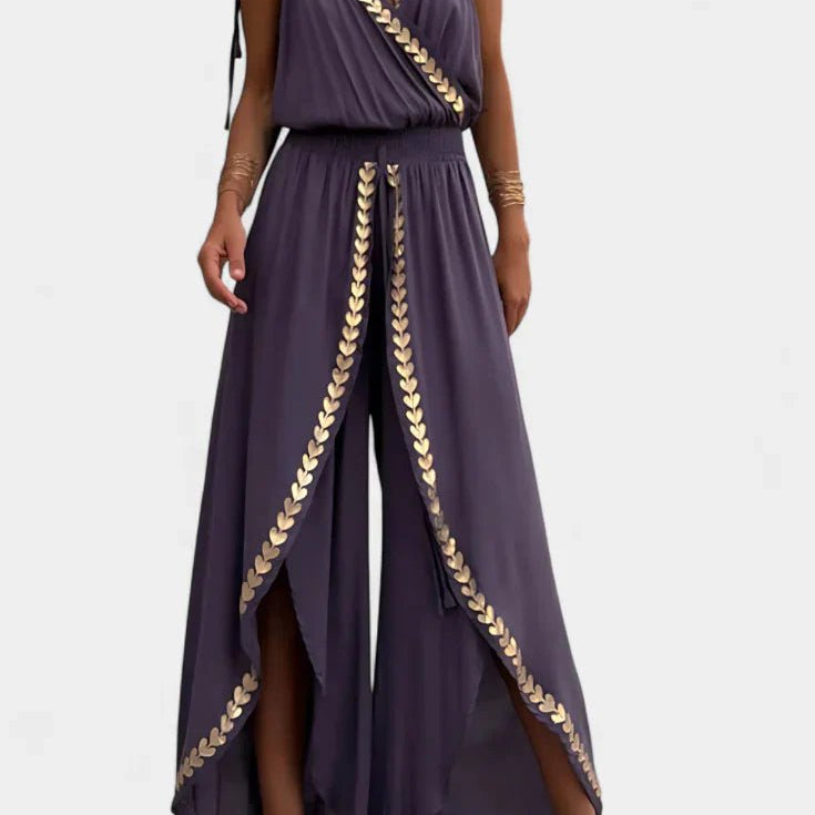 Lorena | Vestido Mono com Detalhes Dourados e Fenda na Perna - Ines Braga