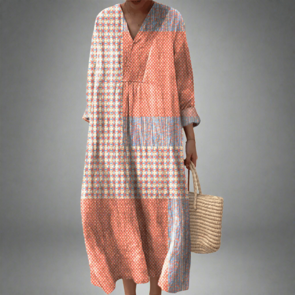 Nora™ | Vestido midi patchwork com padrão de corais e estrelas - Ines Braga