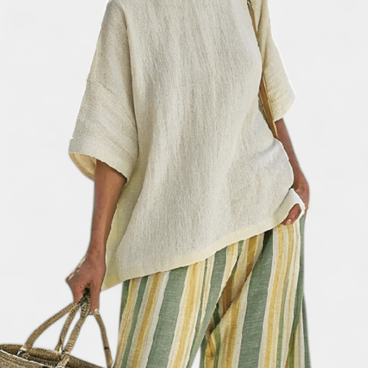 Olívia| Conjunto De Linho De Bambu Listras Azeitona Elegante - Ines Braga