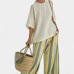 Olívia| Conjunto De Linho De Bambu Listras Azeitona Elegante - Ines Braga