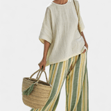 Olívia| Conjunto De Linho De Bambu Listras Azeitona Elegante - Ines Braga