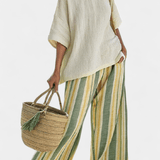 Olívia| Conjunto De Linho De Bambu Listras Azeitona Elegante - Ines Braga