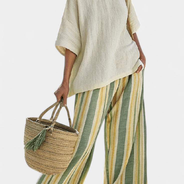 Olívia| Conjunto De Linho De Bambu Listras Azeitona Elegante - Ines Braga