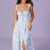 Renata | O Vestido Midi Azul com Estampa Floral, Decote Quadrado e Franzido" - Ines Braga