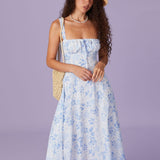 Renata | O Vestido Midi Azul com Estampa Floral, Decote Quadrado e Franzido" - Ines Braga