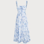 Renata | O Vestido Midi Azul com Estampa Floral, Decote Quadrado e Franzido" - Ines Braga