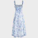 Renata | O Vestido Midi Azul com Estampa Floral, Decote Quadrado e Franzido" - Ines Braga