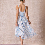 Renata | O Vestido Midi Azul com Estampa Floral, Decote Quadrado e Franzido" - Ines Braga