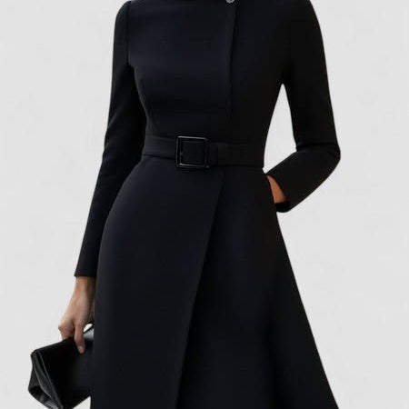 Robe Évasée Élégante à Col Montant et Ceinture Asymétrique - Ines Braga