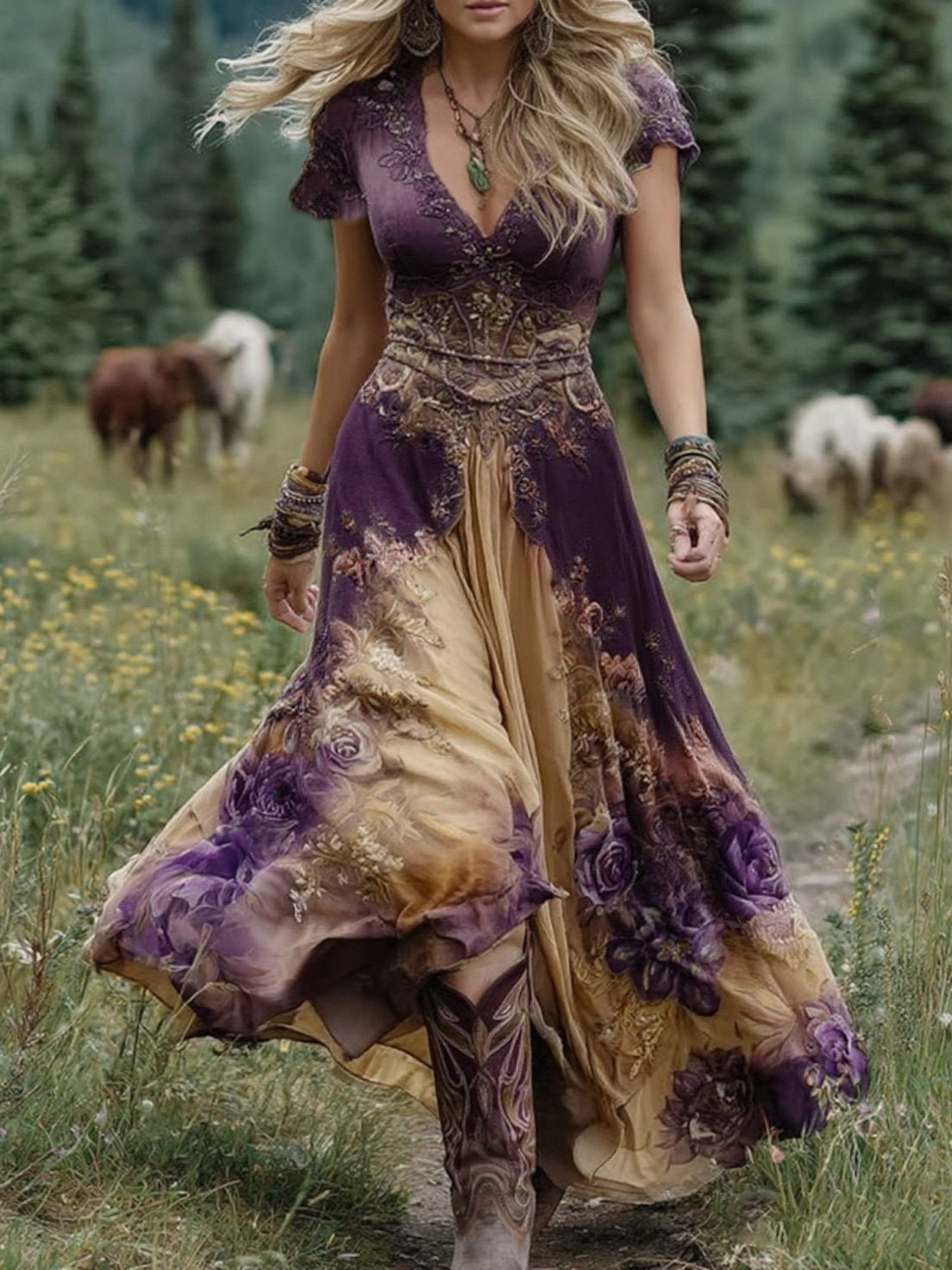 Serena™ | Vestido Maxi Curto Floral Lavanda com Toque Sofisticado - Ines Braga