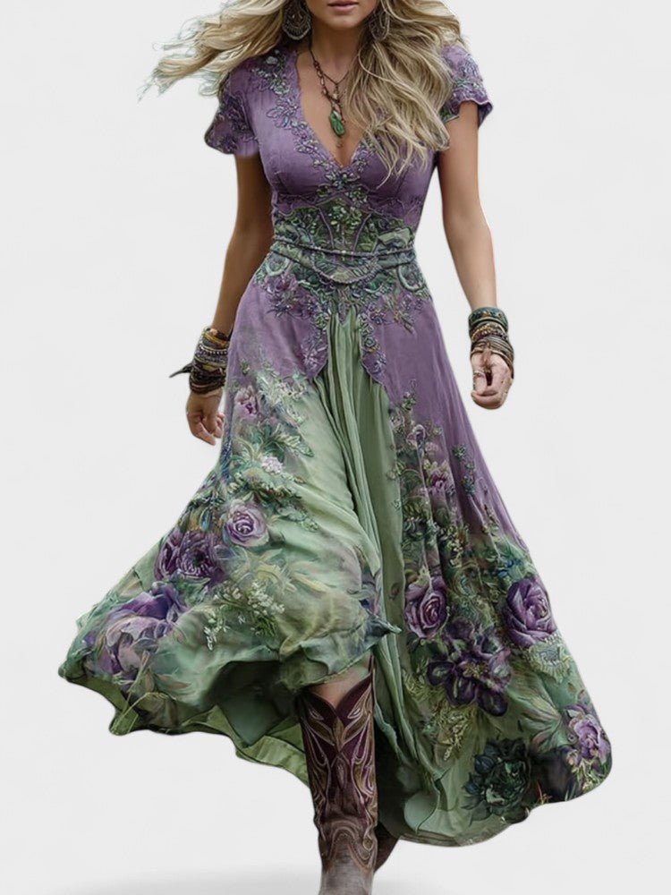 Serena™ | Vestido Maxi Curto Floral Lavanda com Toque Sofisticado - Ines Braga