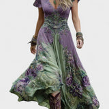 Serena™ | Vestido Maxi Curto Floral Lavanda com Toque Sofisticado - Ines Braga