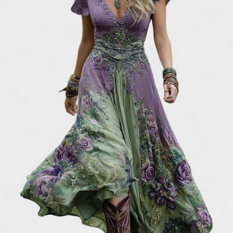 Serena™ | Vestido Maxi Curto Floral Lavanda com Toque Sofisticado - Ines Braga