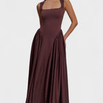 Sharon |Vestido midi em malha de esparguete - Castanho cacau - Ines Braga