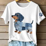 Ciela - Camiseta de arte patchwork de jeans para damas con patrón de dachshund