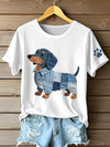 Ciela - Camiseta de arte patchwork de jeans para damas con patrón de dachshund