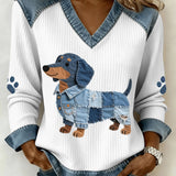 Sombra - Encantador dachshund para damas con patchwork de denim artístico y cuello en V