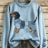 Sol - Sudadera de dama con patchwork de denim y motivo de dachshund
