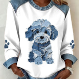 Luz - Sudadera de dames con motivo de patchwork y estampado de denim de un perro peludo