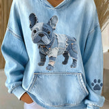 Blanca - Sudadera con capucha de Bulldog Francés a rayas con parche de denim para mujeres