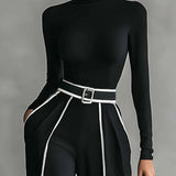 Tammy | Conjunto de top de manga comprida com gola alta e calças de perna larga e cinto - Ines Braga