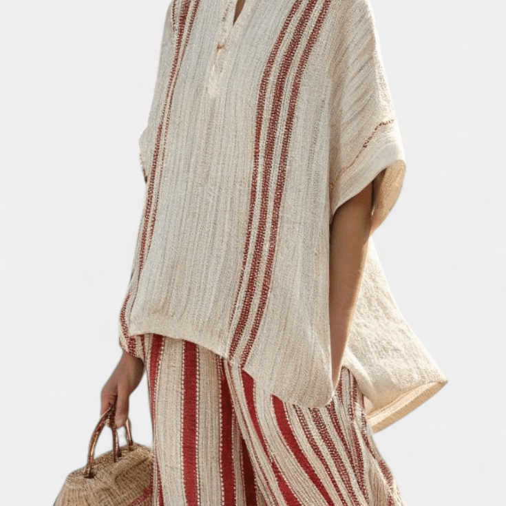 Vanessa| Conjunto Elegante Com Riscas Vermelhas Textura - Ines Braga