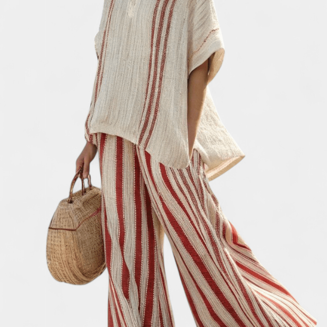 Vanessa| Conjunto Elegante Com Riscas Vermelhas Textura - Ines Braga