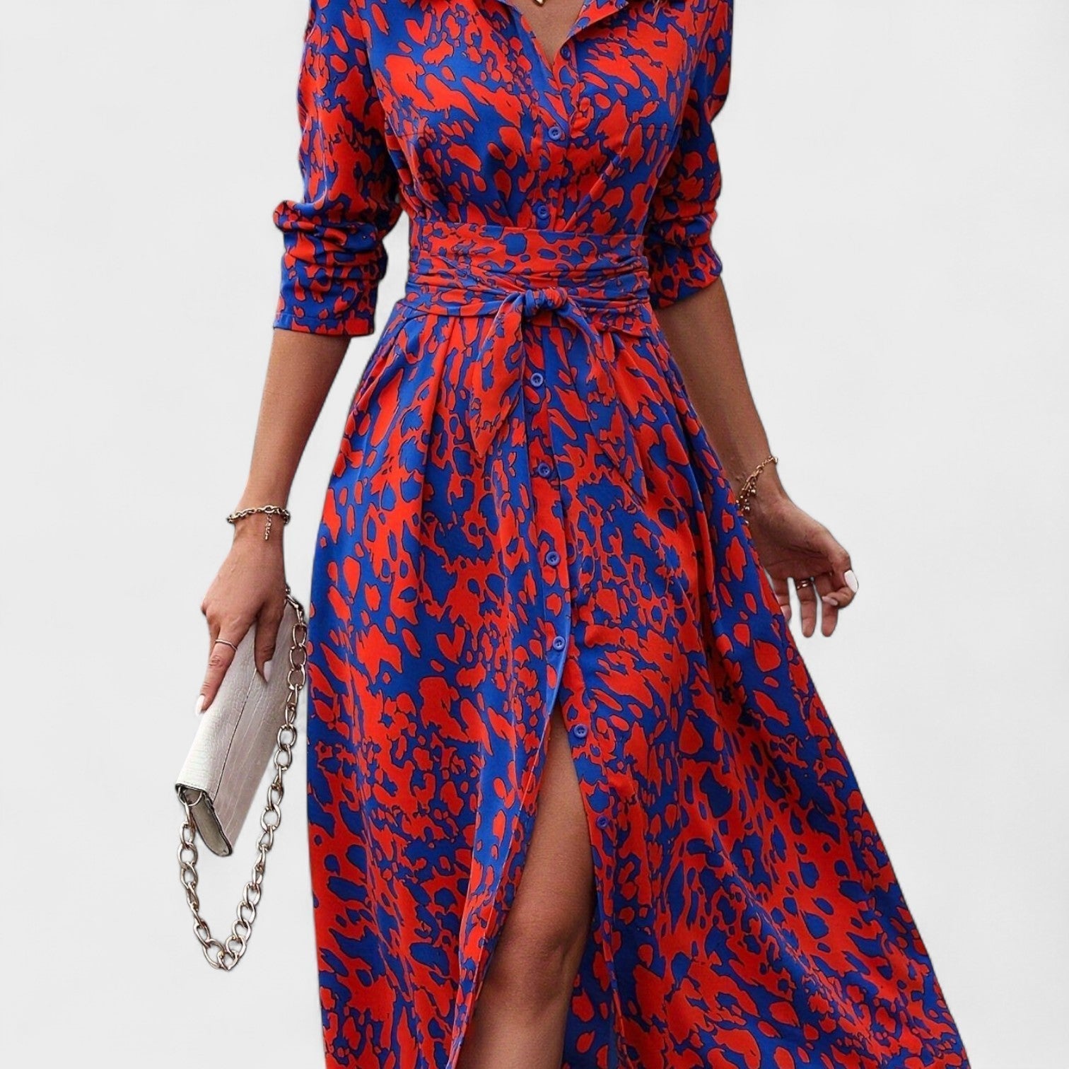 Vestido Bianca – Estilo Animal Print Azul e Vermelho - Ines Braga