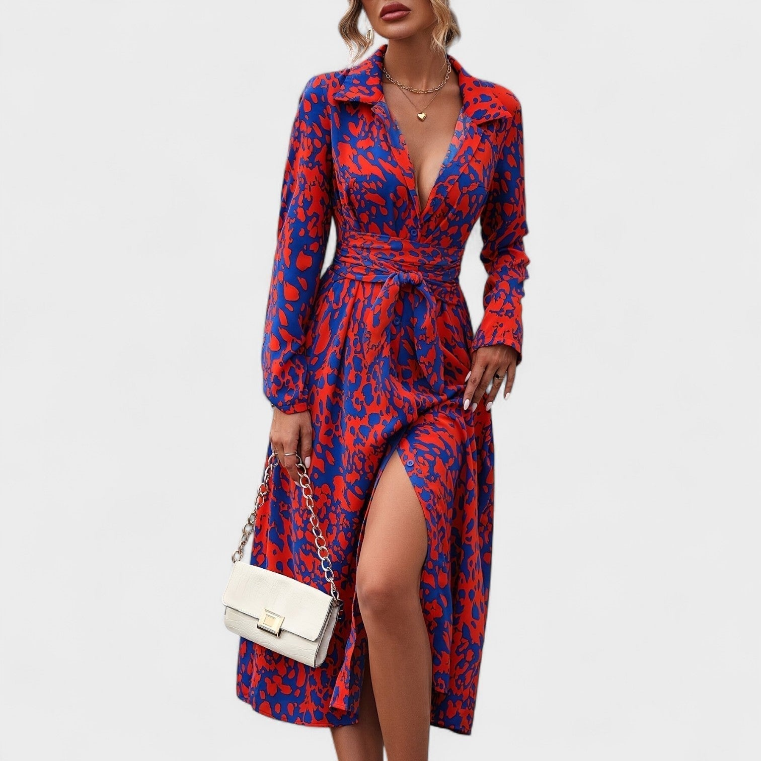 Vestido Bianca – Estilo Animal Print Azul e Vermelho - Ines Braga